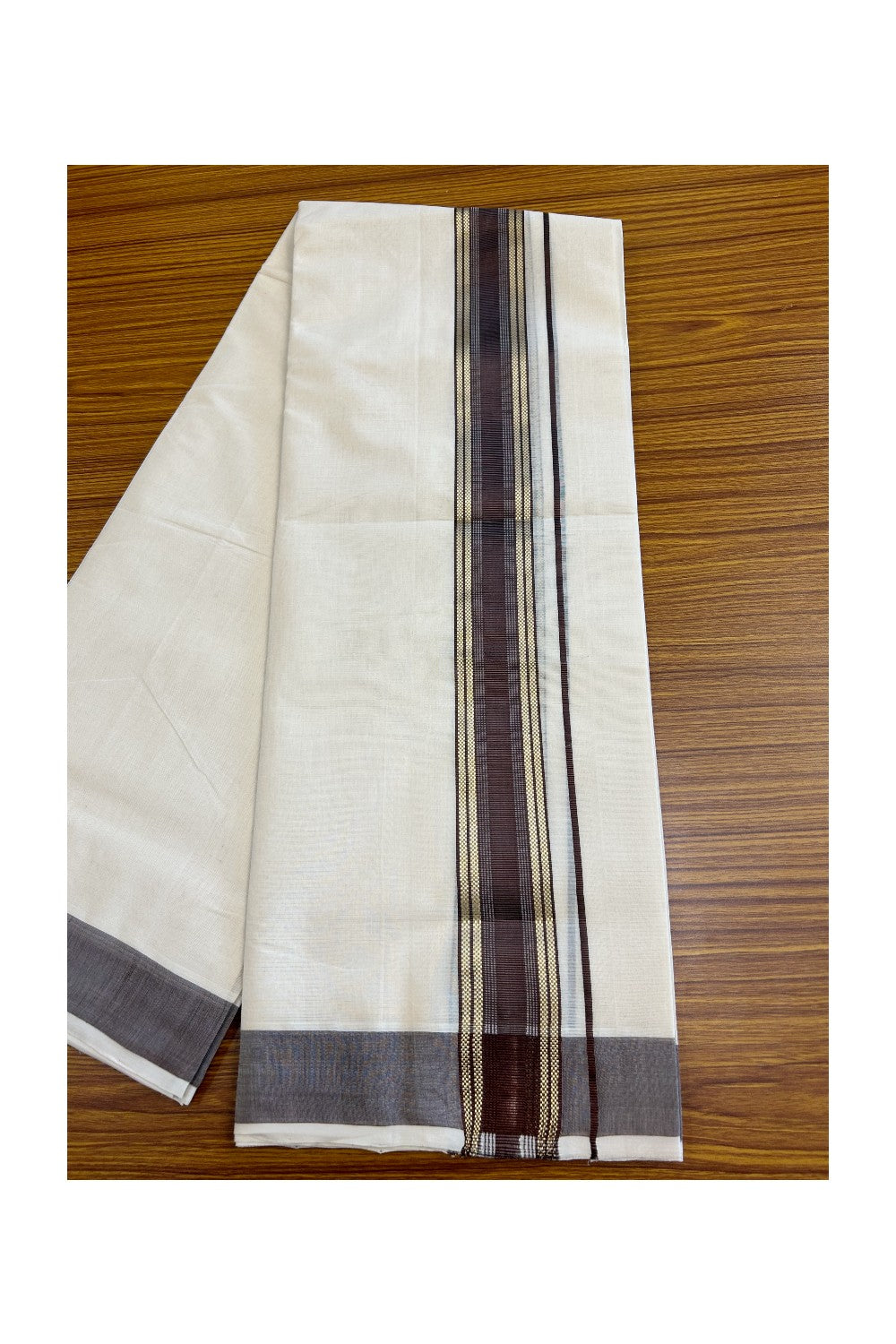 8% DISCOUNT!! KaithariKada HANDLOOM millpaav Balaramapuram - 100% PURE Cotton OFF White Double Mundu/Dothi - 2.75 inch Dark Brown & Gold Kasavu Striped kara - 34KK5029RAM