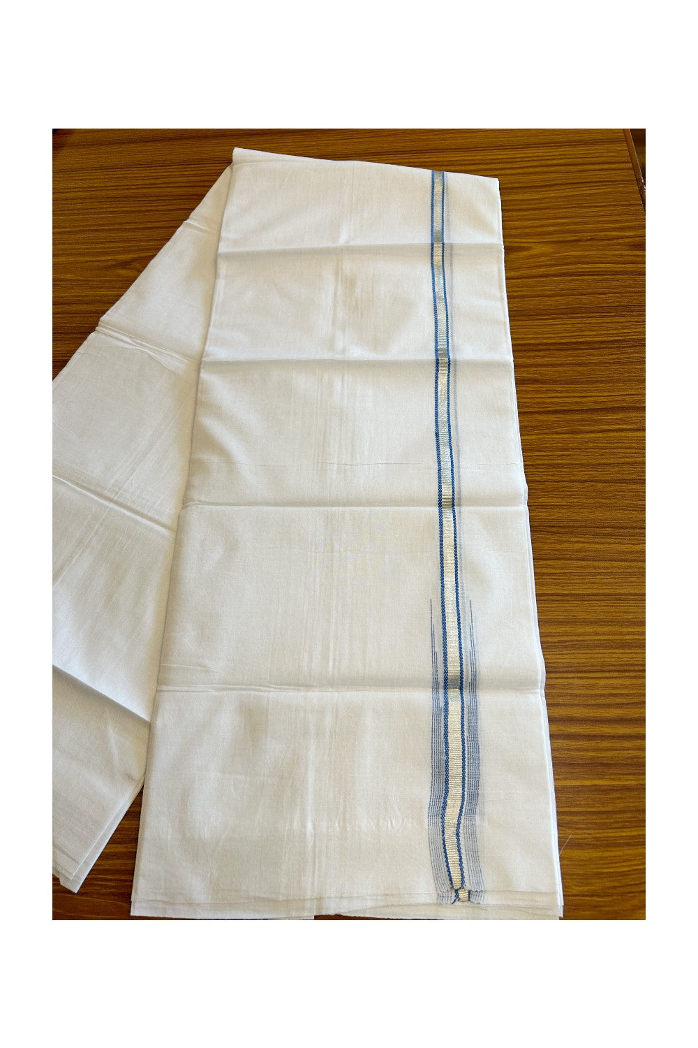 8% Discount ! Kaitharikada Balaramapuram 100% Cotton PURE WHITE Double Mundu/Dothi- 0.5 inch Silver Kasavu & Blue Striped Chutty Kara - 34KK5032GAN