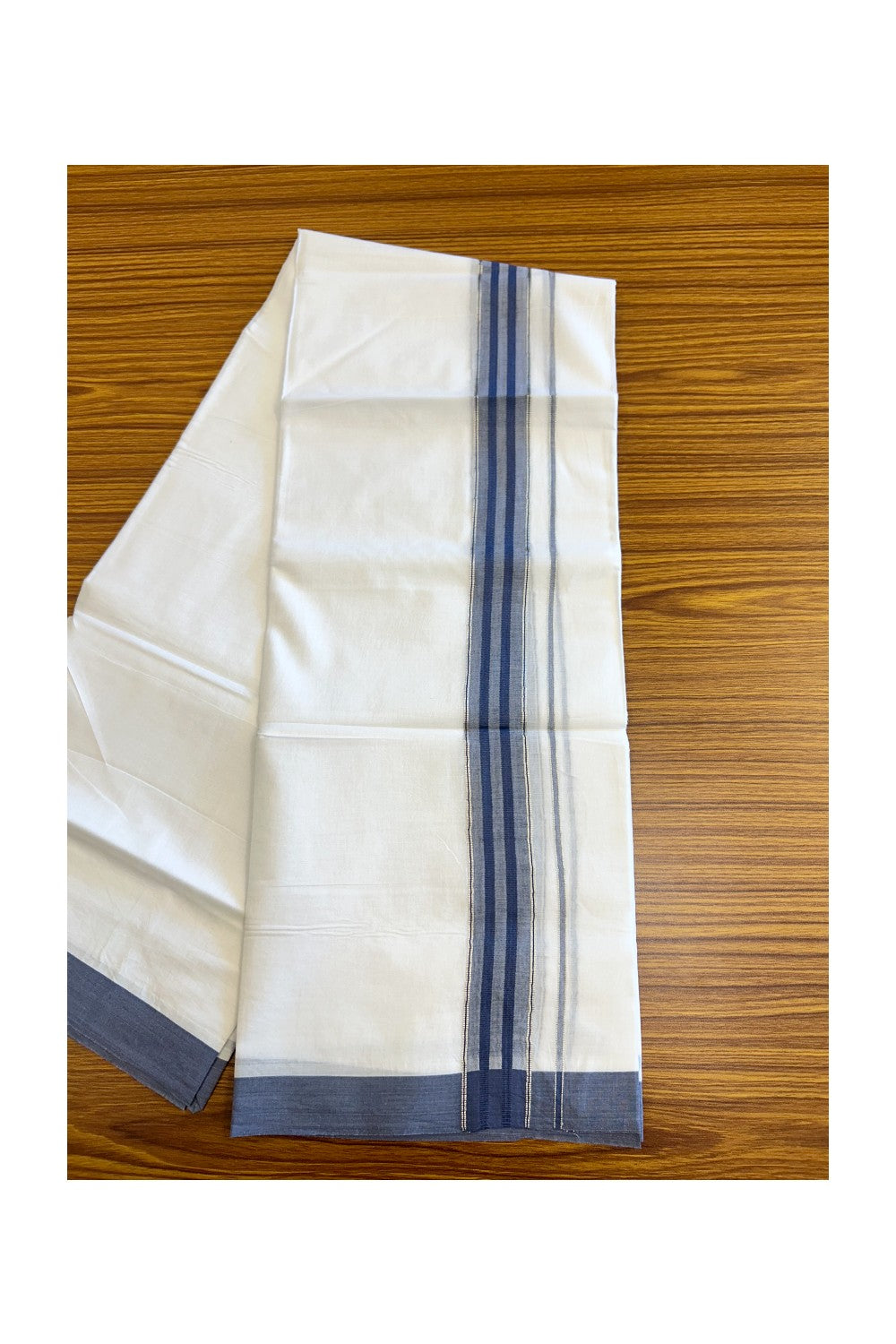 19% DISCOUNT!! KaithariKada Balaramapuram 100% Cotton Double PURE white Mundu/Dhoti-100x100 - 2.25 Inch Blue & Silver Kasav Striped Kara - 34KK5067KK