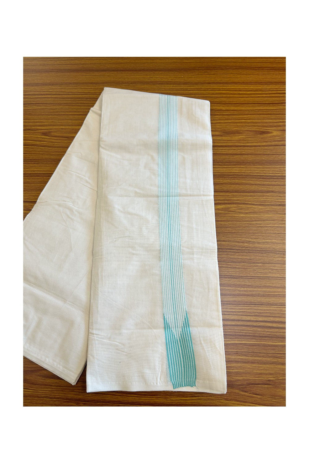 New!!17%OFFER! KaithariKada Balaramapuram 100% Cotton Double OFF WHITE - (Unbleached) Mundu/Dhoti-100x100 12 LINE Chutty Turquoise Green & White-  5KK125ASH