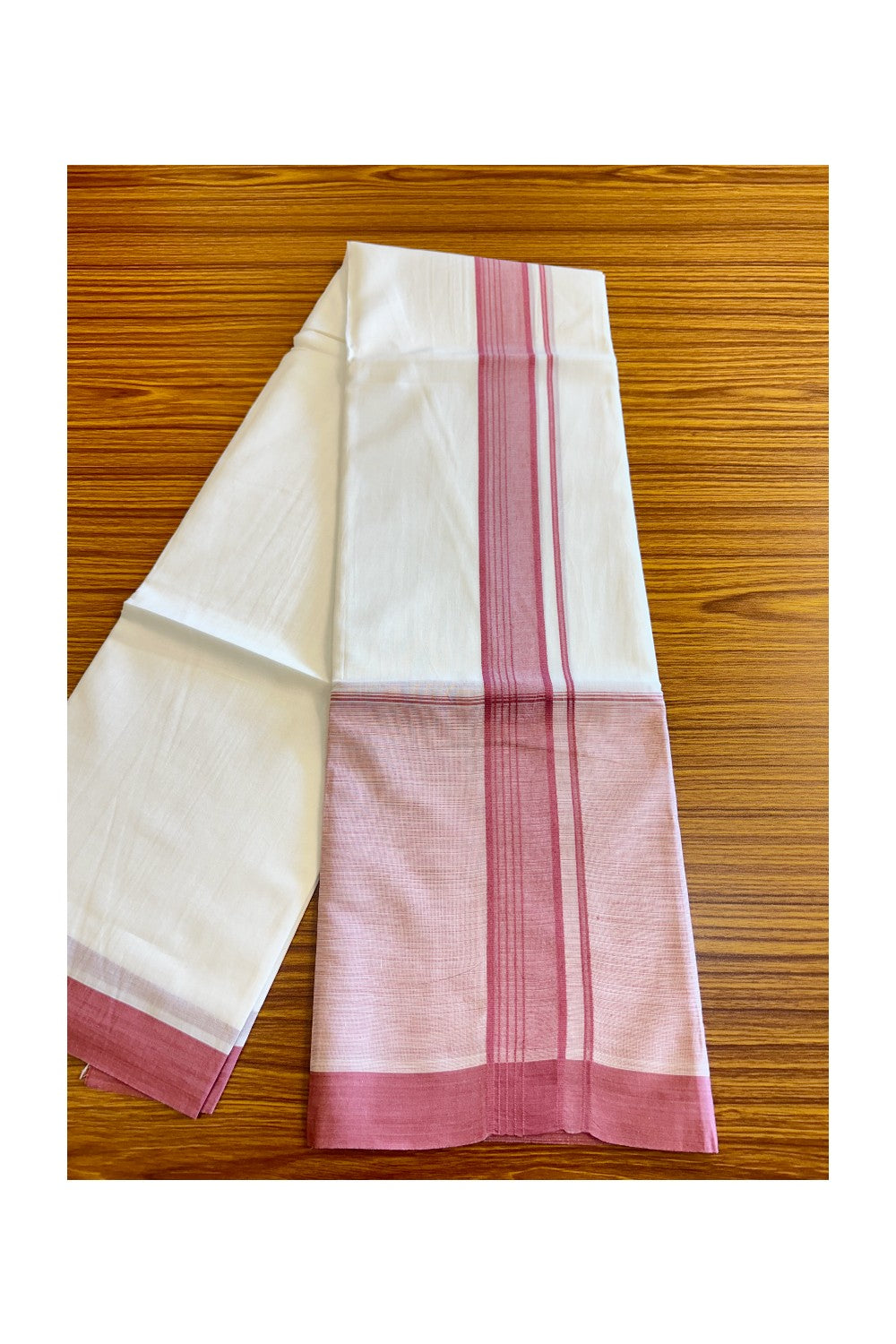 15% DISCOUNT!! Kaitharikada Balaramapuram 100% Cotton Ultra WHITE Double Mundu/Dothi-100x100   2.25 Inch PINK SHADED Cotton Kara - 34KK74RAM