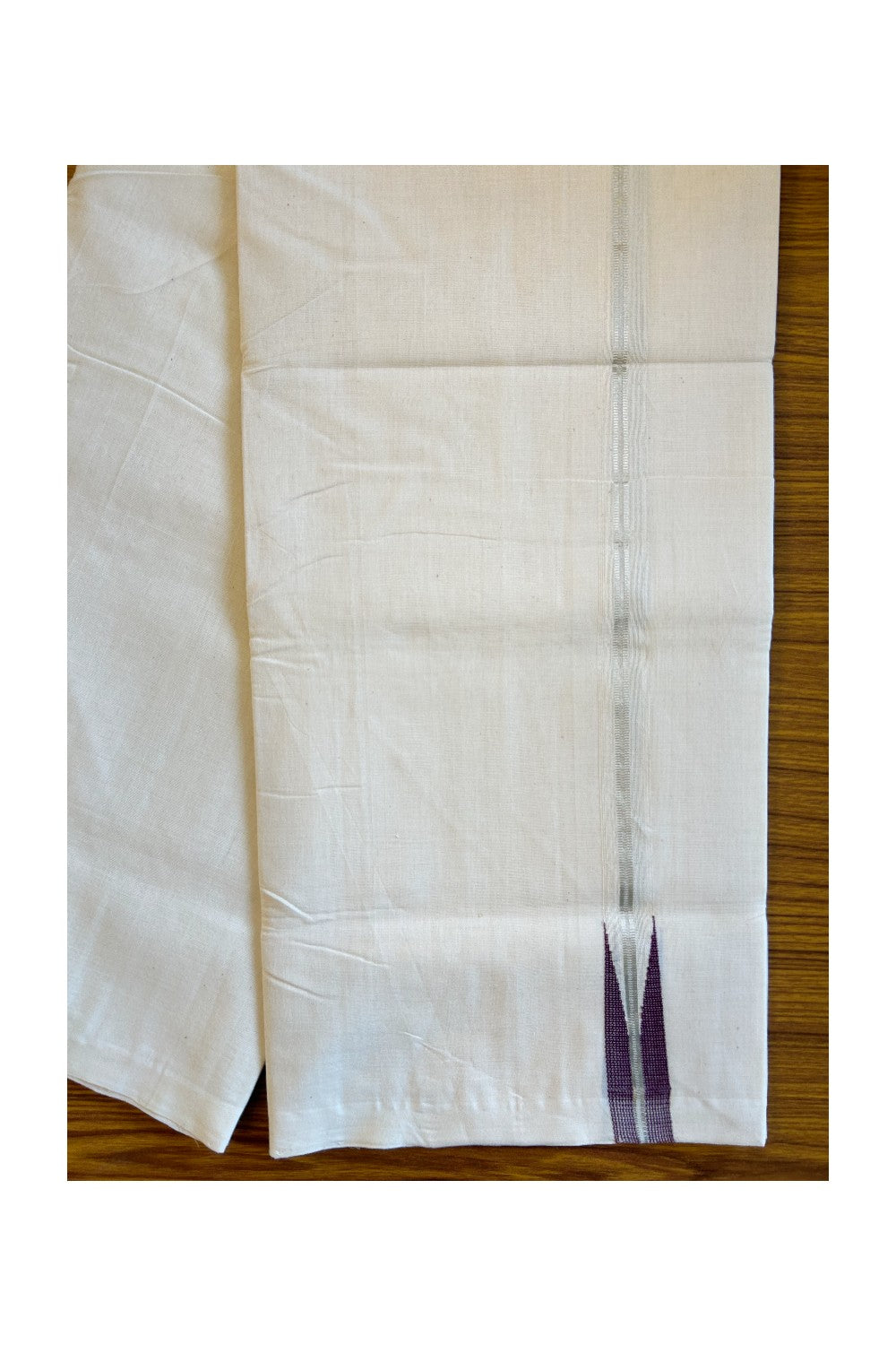 20% DISCOUNT! KaithariKada HANDLOOM UNAKKUPAAV BALARAMAPURAM - 100% PURE Cotton 100x100 Double Mundu/Dhoti OFF WHITE - (Unbleached) - PULIYILAKKARA Silver kasavu Purple chutty - 34KK456KK