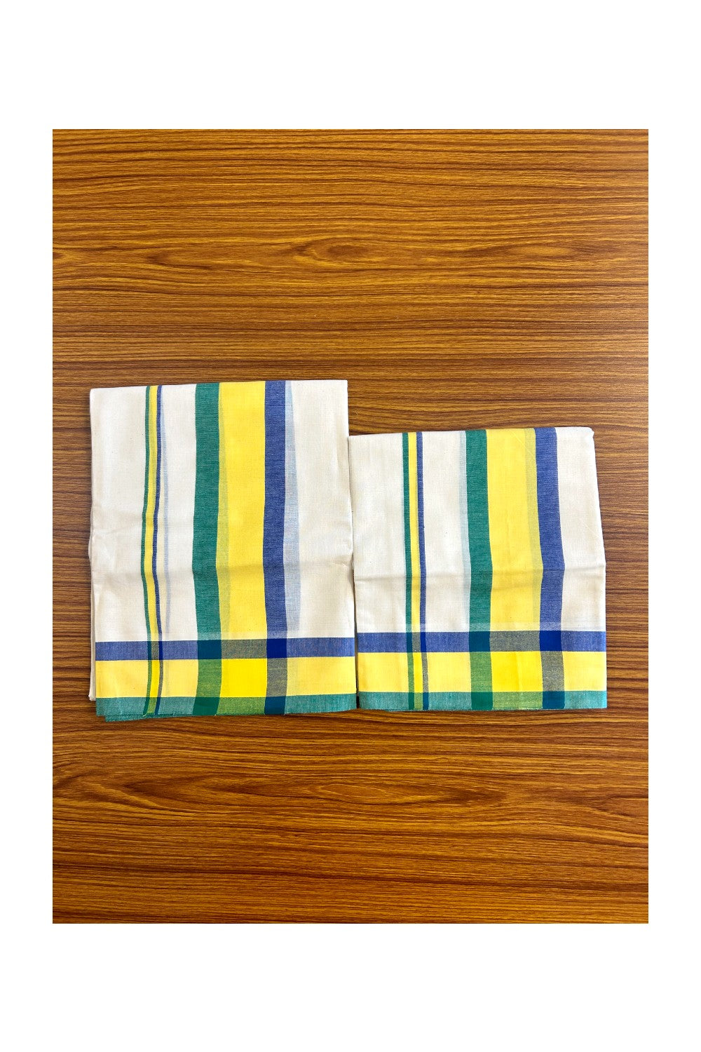 15% Discount!! KaithariKada - Kerala Cotton Single Set Mundu - EXTRA LENGTH -Blue, Yellow & Green Stripes Mulloth Kara- 34KK472CKA