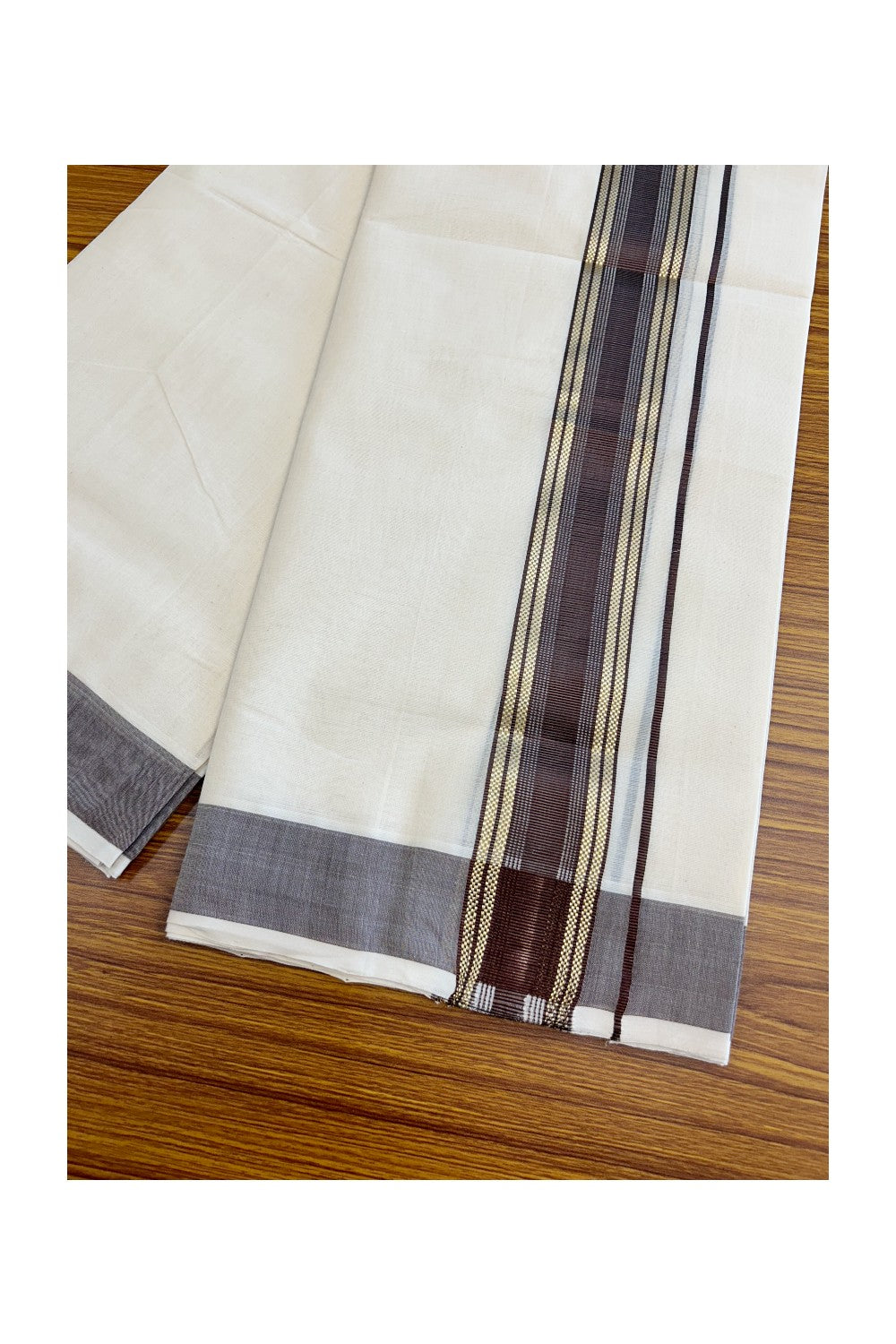 8% DISCOUNT!! KaithariKada HANDLOOM millpaav Balaramapuram - 100% PURE Cotton OFF White Double Mundu/Dothi - 2.75 inch Dark Brown & Gold Kasavu Striped kara - 34KK5029RAM