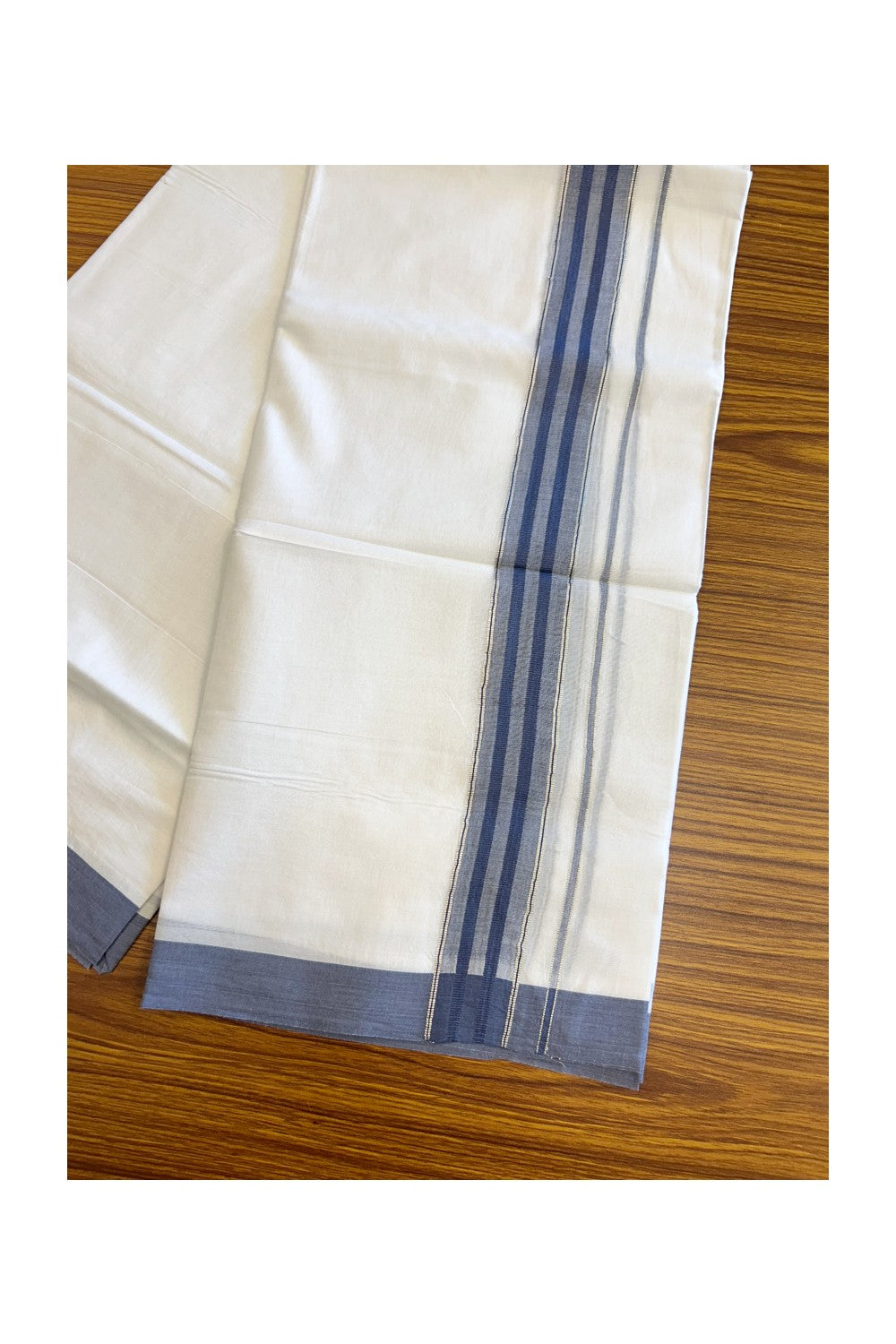 19% DISCOUNT!! KaithariKada Balaramapuram 100% Cotton Double PURE white Mundu/Dhoti-100x100 - 2.25 Inch Blue & Silver Kasav Striped Kara - 34KK5067KK