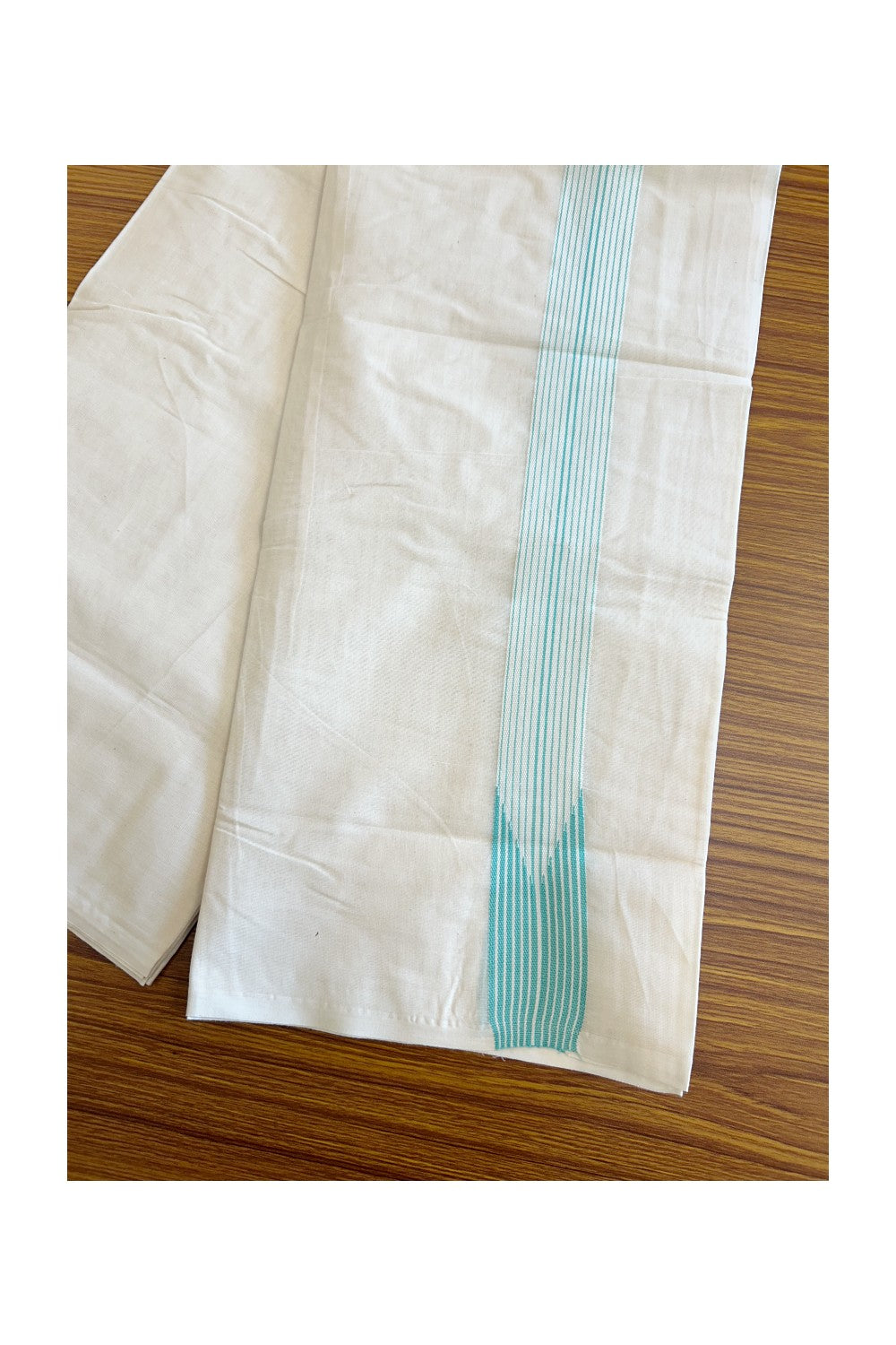 New!!17%OFFER! KaithariKada Balaramapuram 100% Cotton Double OFF WHITE - (Unbleached) Mundu/Dhoti-100x100 12 LINE Chutty Turquoise Green & White-  5KK125ASH