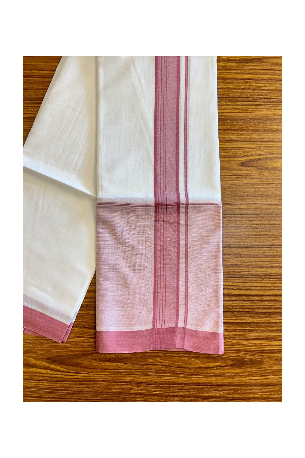 15% DISCOUNT!! Kaitharikada Balaramapuram 100% Cotton Ultra WHITE Double Mundu/Dothi-100x100   2.25 Inch PINK SHADED Cotton Kara - 34KK74RAM