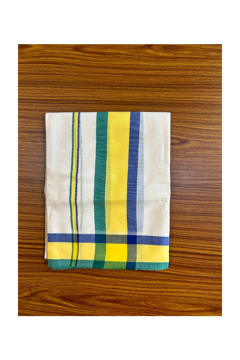 15% Discount!! KaithariKada - Kerala Cotton Single Set Mundu - EXTRA LENGTH -Blue, Yellow & Green Stripes Mulloth Kara- 34KK472CKA