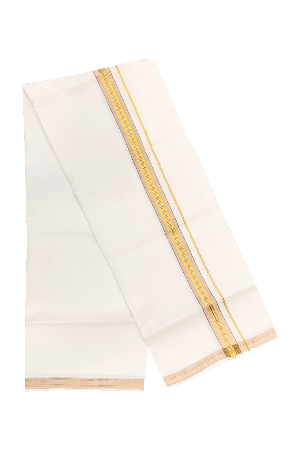 20% OFFER! KaithariKada 100% Cotton Balaramapuram HANDLOOM Single  PURE WHITE Mundu/Dhoti - 1.75 inch Light Brown Kasavu Kara &  Stripes Design - 35KAI.