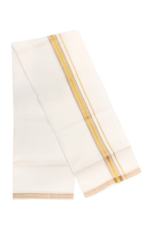 20% OFFER! KaithariKada 100% Cotton Balaramapuram HANDLOOM Single  PURE WHITE Mundu/Dhoti - 1.75 inch Light Brown Kasavu Kara &  Stripes Design - 35KAI.