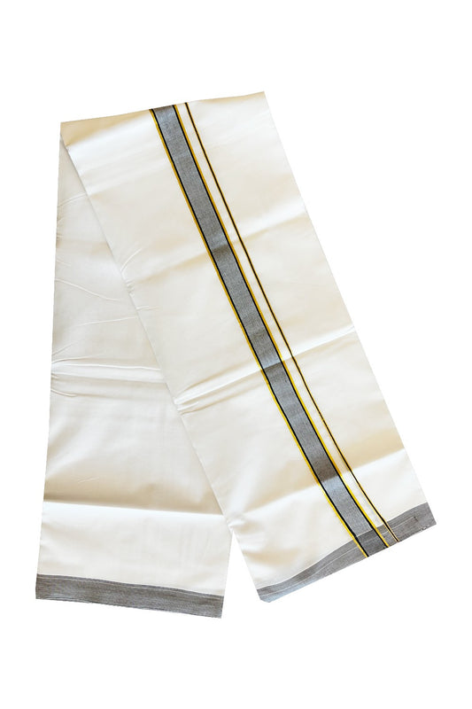 17% DISCOUNT!! KaithariKada Balaramapuram 100% Cotton PURE WHITE Double Mundu/Dhoti-100x100  2inch BLACK AND GOLD STRIPED  KARA.