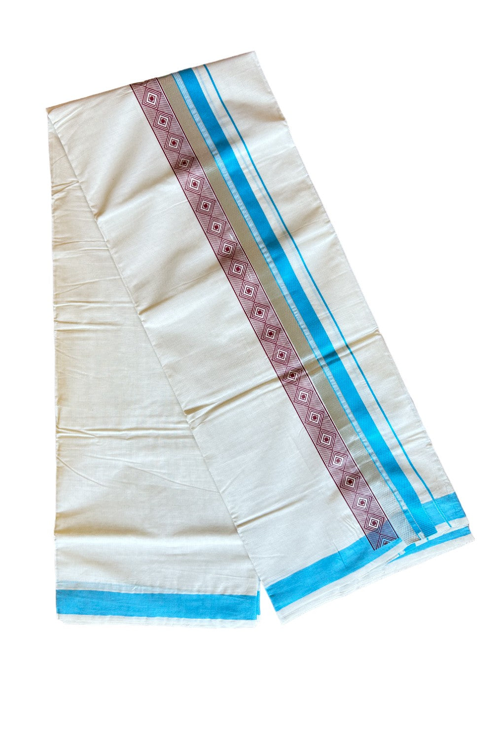 32% Discount !! KaithariKada Balaramapuram 100% Cotton Double Off white Mundu/Dhoti-80x72- 3.5 Inch Silver & Blue Brown pattern printed kara - 35KK470VIN