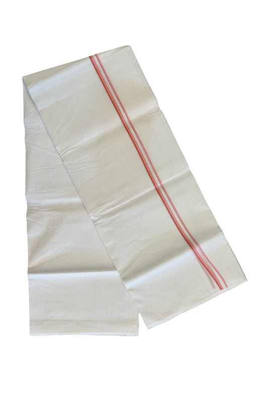 26% DISCOUNT ! KaithariKada Balaramapuram 100% Cotton Double Pure white Mundu/Dhoti-100X100 - Dark Peach & Stripes 2cm Kara.- 39KK487KK