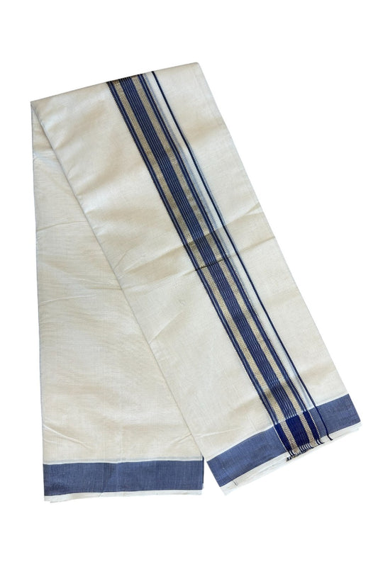 8% DISCOUNT!! KaithariKada HANDLOOM millpaav Balaramapuram - 100% PURE Cotton OFF White Double Mundu/Dothi - 2.75 inch Dark Blue & Gold Kasavu Striped kara - 35KK5029RAM