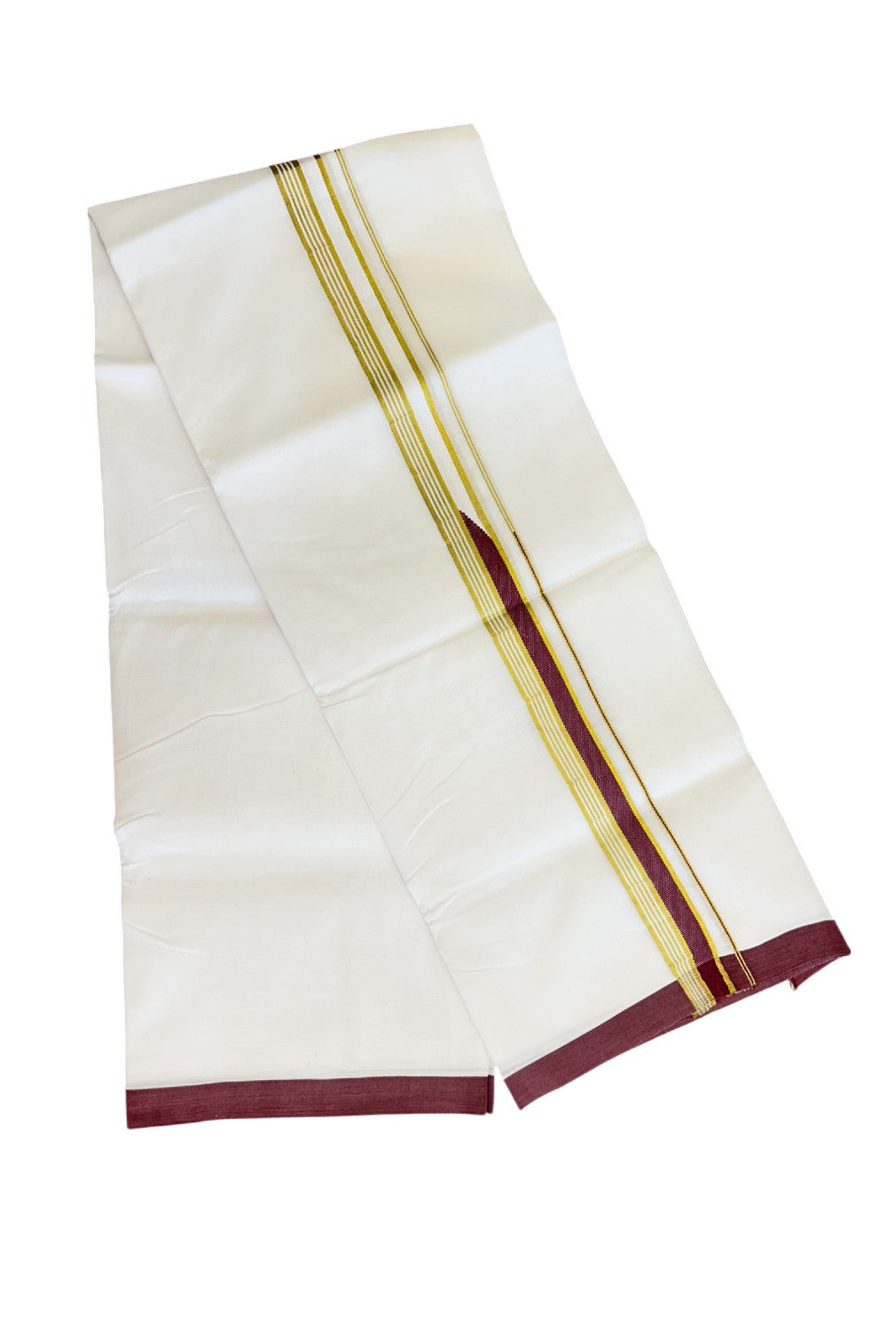 15% Discount !!KaithariKada Balaramapuram 100% Cotton PURE White Double Mundu/Dhoti - 100x100 - 1.75 inch Heavy Chutty Kasavu & Maroon kara - 35KK5043ASH