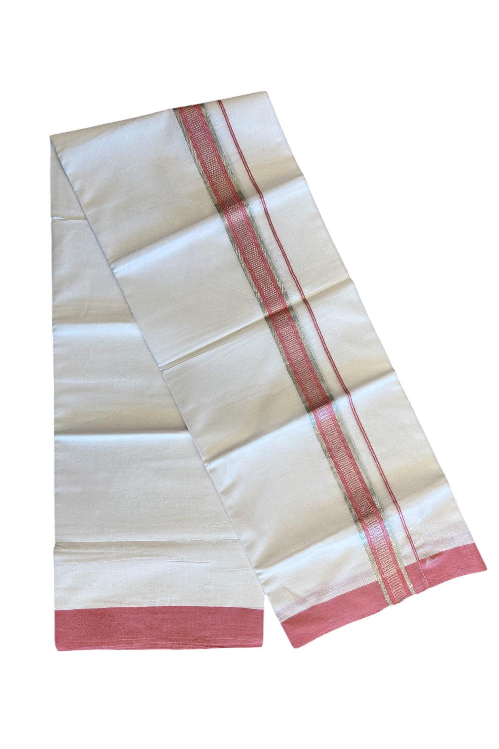 24% DISCOUNT!! Kaitharikada Balaramapuram 100% Cotton Ultra WHITE Double Mundu/Dothi-100x80 - 2 Inch Pink & Silver Striped Cotton Kara - 35KK5067KK