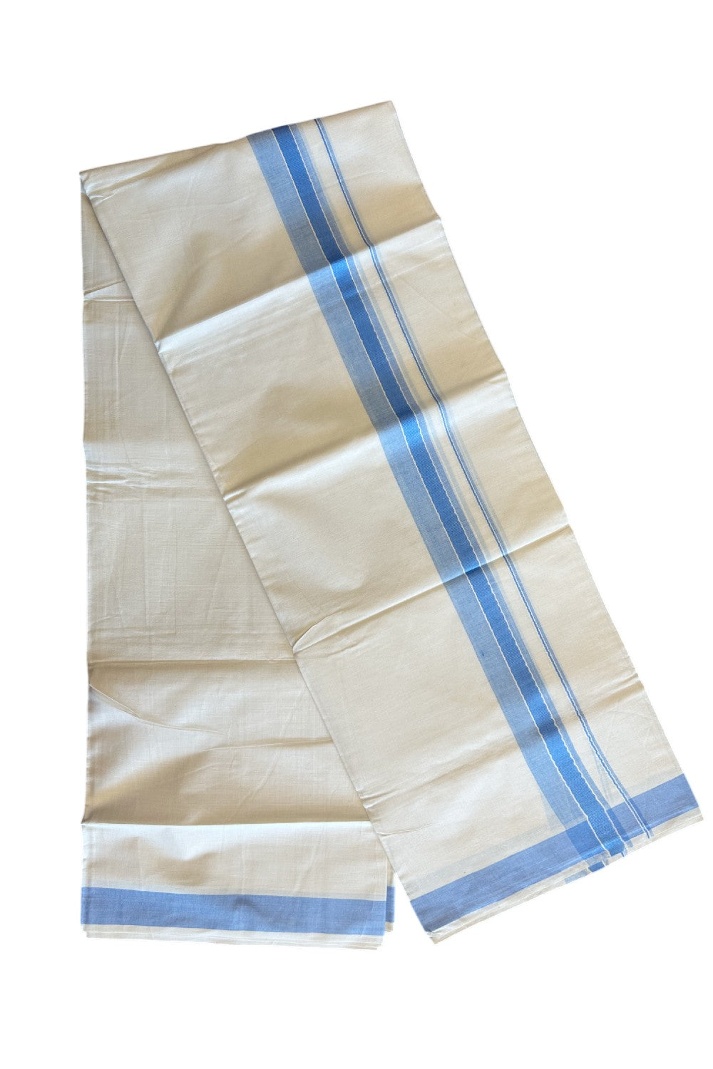 21% DISCOUNT ! KaithariKada Balaramapuram 100% Cotton Double Off white (Unbleached) Mundu/Dhoti-100X100- 2.25 inch SKY BLUE & WHITE KARA Kara-1KK76MC .