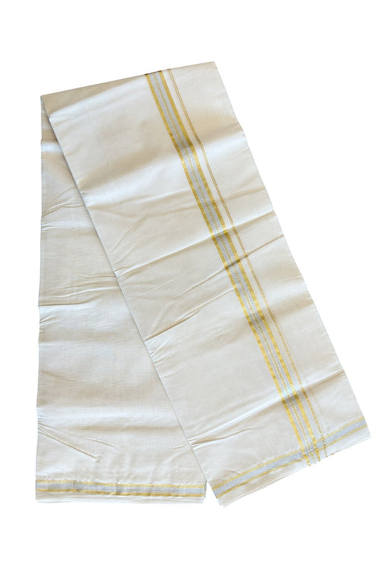 17% DISCOUNT ! KaithariKada HANDLOOM Millpaav Balaramapuram - 100% PURE Cotton Off White (Unbleached) Double Mundu/Dhoti - Gold Kasavu & Silver Design Kara - 48KK203RAM