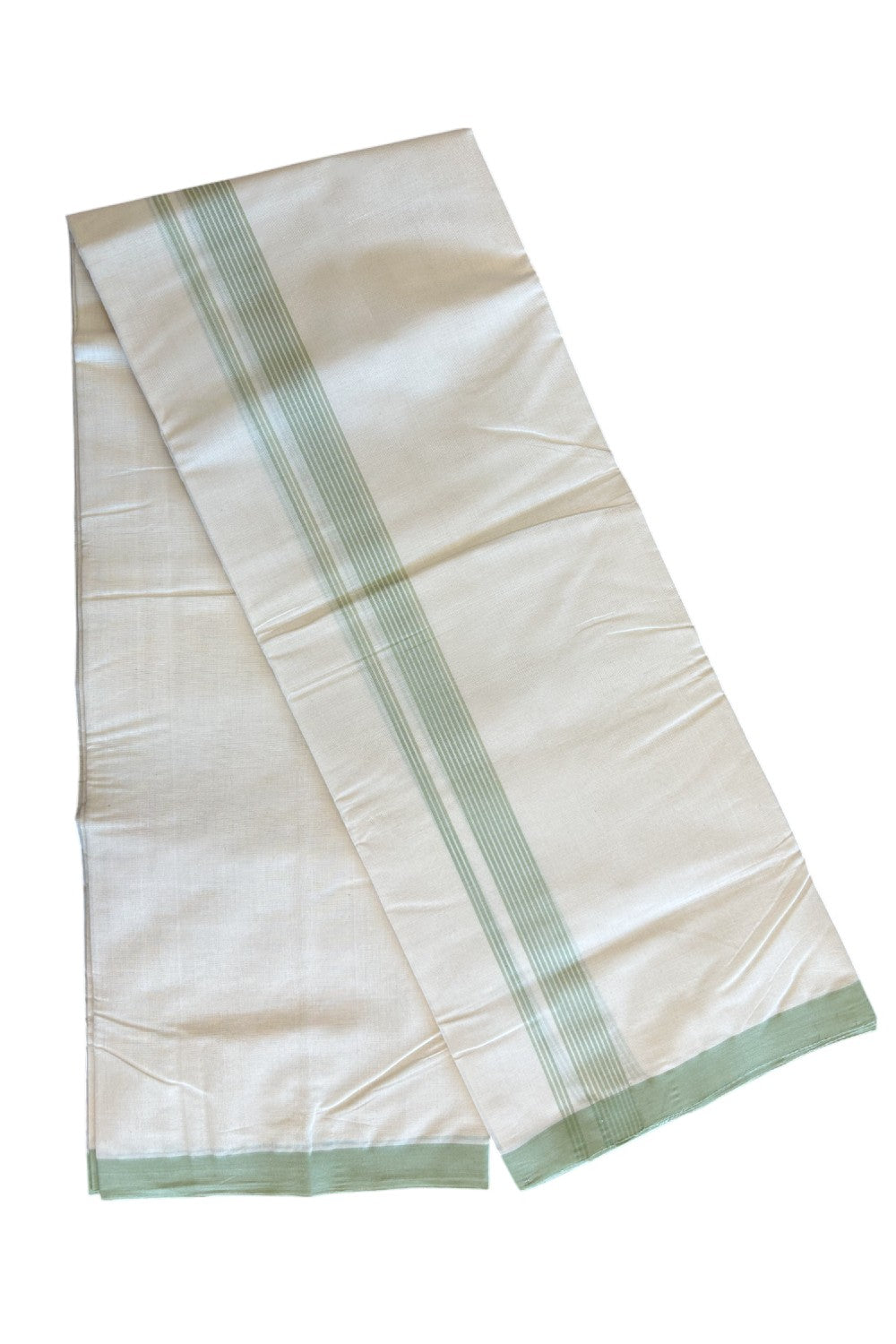 30% Discount!!! KaithariKada HANDLOOM Millpaav Balaramapuram - 100% PURE Cotton off white (Unbleached) Double Mundu/Dhoti - 2 inch Pista Green striped kara - 35KK5105RAM