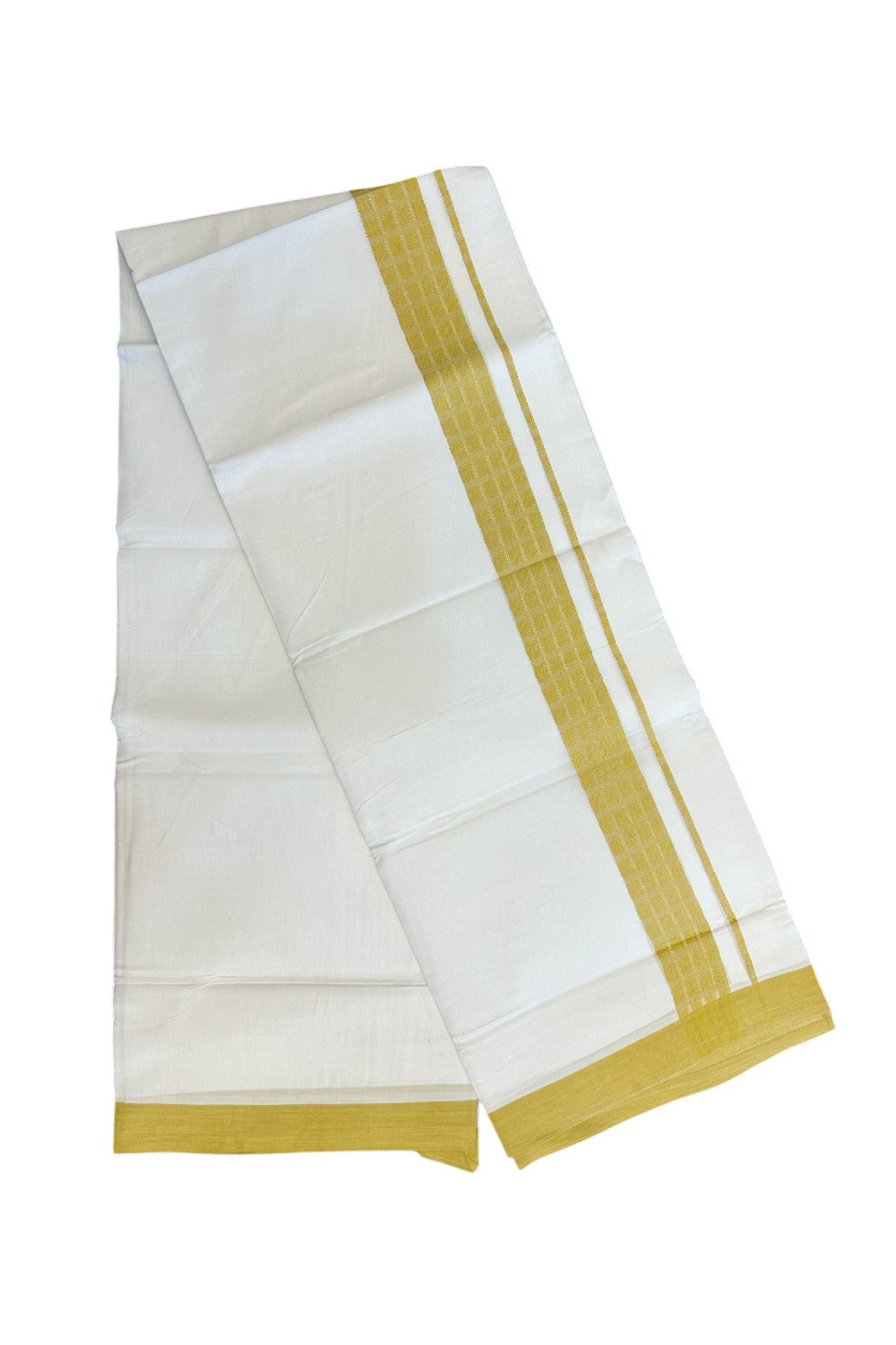 20% DISCOUNT! KaithariKada Balaramapuram Double PURE WHITE 100% Cotton Mundu/Dhoti - 100x80 - 1.5 inch Jacquard Mustard Yellow Check Kara - 35KK5139THI