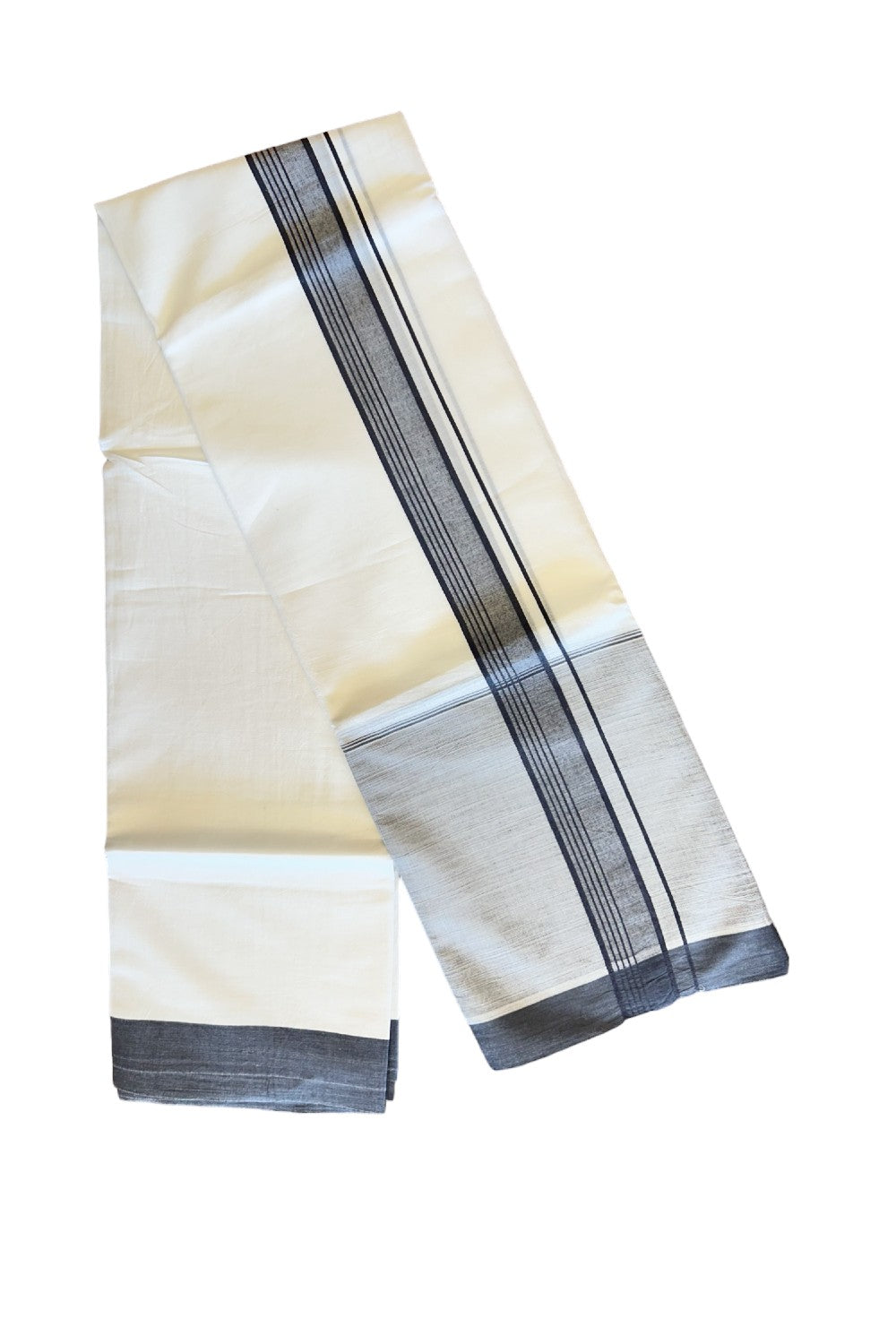 15% DISCOUNT!! Kaitharikada Balaramapuram 100% Cotton Ultra WHITE Double Mundu/Dothi-100x100  2.25 Inch GRAY SHADED Cotton Kara - 35KK74RAM