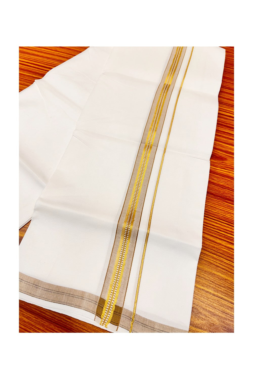 20% OFFER! KaithariKada 100% Cotton Balaramapuram HANDLOOM Single  PURE WHITE Mundu/Dhoti - 1.75 inch Light Brown Kasavu Kara &  Stripes Design - 35KAI.