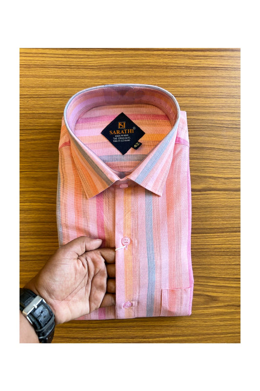 NEW !! Kaitharikada- 100% Pure Cotton   Pink Striped Sarathi The Orginal Quality Clothing  Full Sleeve Shirt.- 35KK445SAR