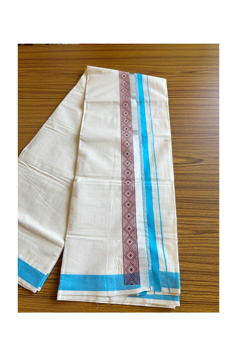 32% Discount !! KaithariKada Balaramapuram 100% Cotton Double Off white Mundu/Dhoti-80x72- 3.5 Inch Silver & Blue Brown pattern printed kara - 35KK470VIN