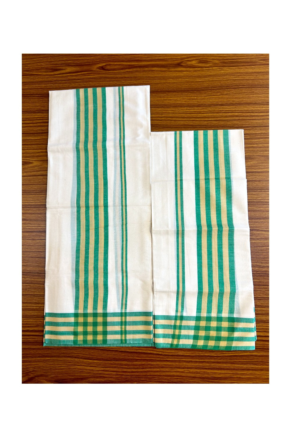 15% Discount!! KaithariKada - Kerala Cotton Single Set Mundu - EXTRA LENGTH -Green & Flax Yellow Stripes Mulloth Kara- 35KK472CKA