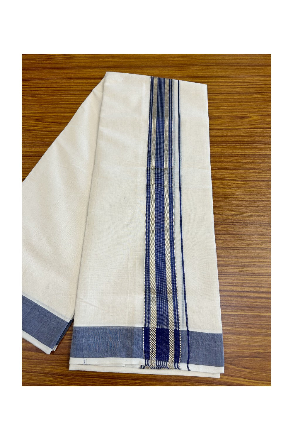 8% DISCOUNT!! KaithariKada HANDLOOM millpaav Balaramapuram - 100% PURE Cotton OFF White Double Mundu/Dothi - 2.75 inch Dark Blue & Gold Kasavu Striped kara - 35KK5029RAM