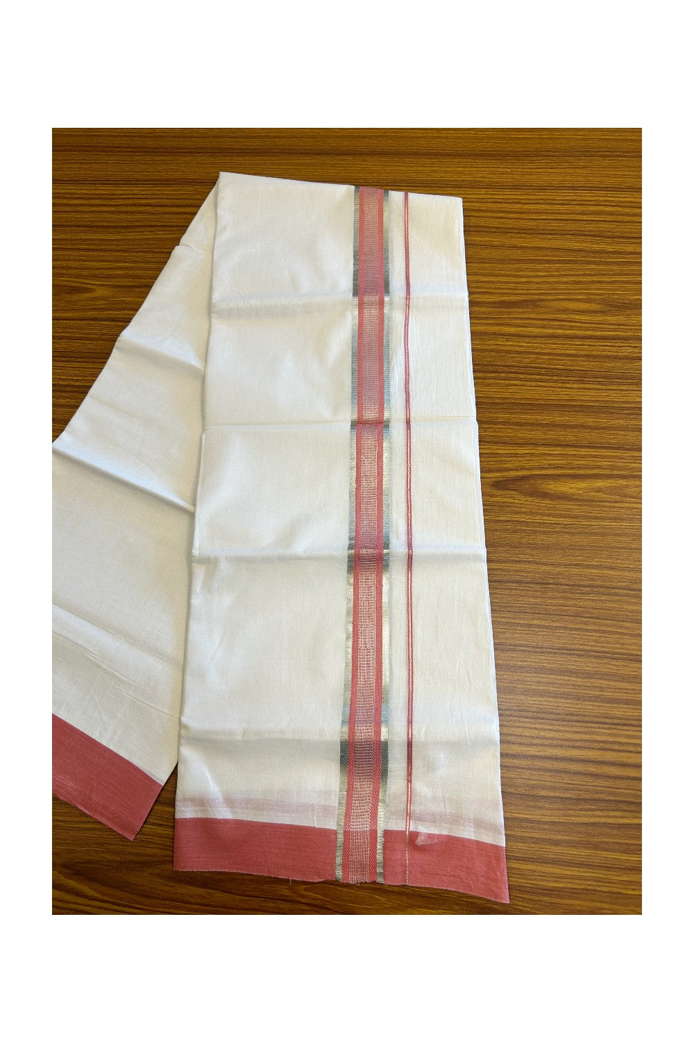 24% DISCOUNT!! Kaitharikada Balaramapuram 100% Cotton Ultra WHITE Double Mundu/Dothi-100x80 - 2 Inch Pink & Silver Striped Cotton Kara - 35KK5067KK