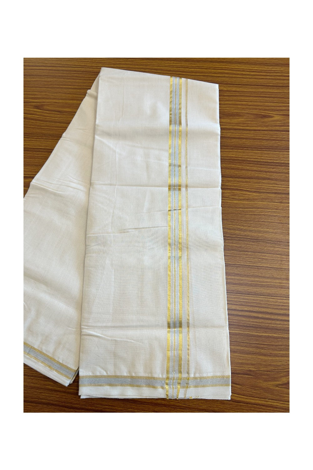 17% DISCOUNT ! KaithariKada HANDLOOM Millpaav Balaramapuram - 100% PURE Cotton Off White (Unbleached) Double Mundu/Dhoti - Gold Kasavu & Silver Design Kara - 48KK203RAM