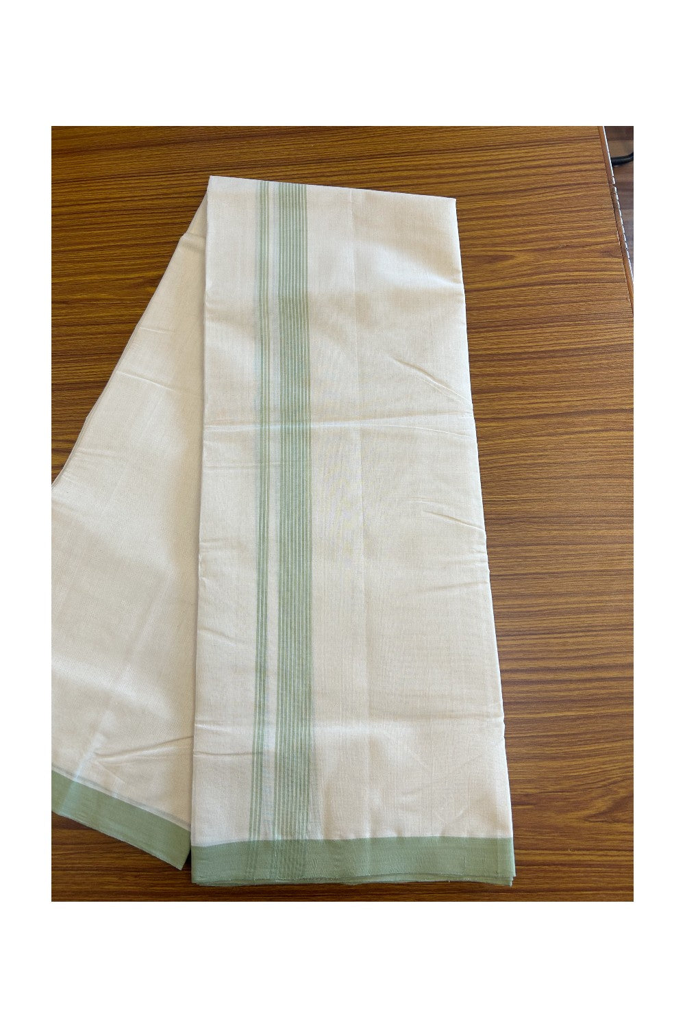 30% Discount!!! KaithariKada HANDLOOM Millpaav Balaramapuram - 100% PURE Cotton off white (Unbleached) Double Mundu/Dhoti - 2 inch Pista Green striped kara - 35KK5105RAM