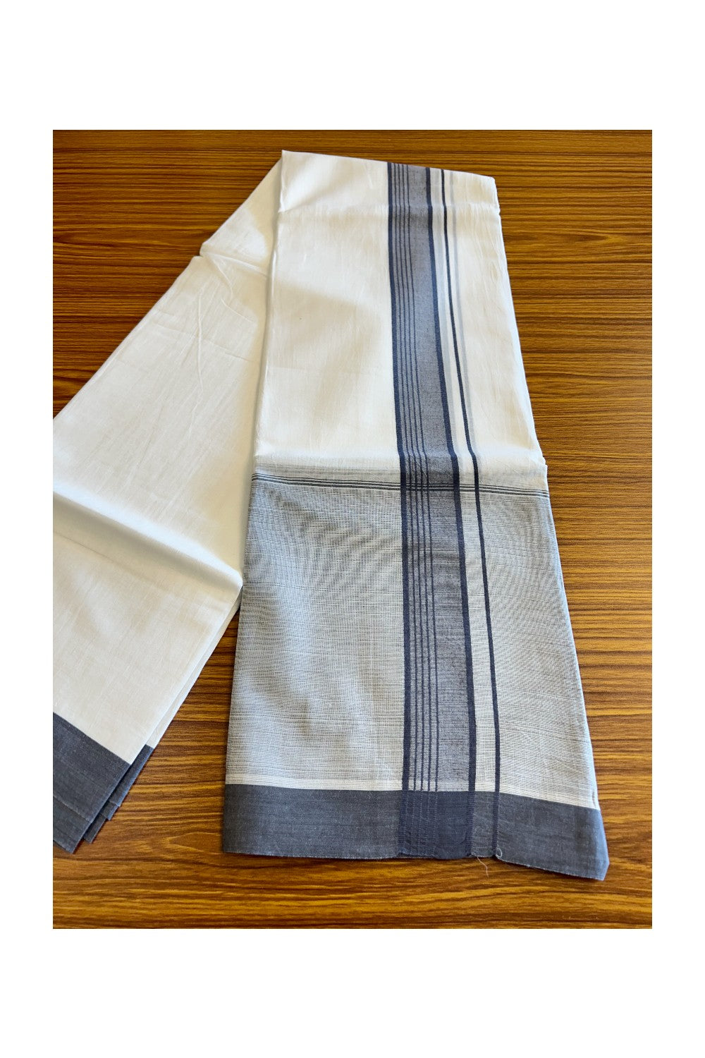 15% DISCOUNT!! Kaitharikada Balaramapuram 100% Cotton Ultra WHITE Double Mundu/Dothi-100x100  2.25 Inch GRAY SHADED Cotton Kara - 35KK74RAM