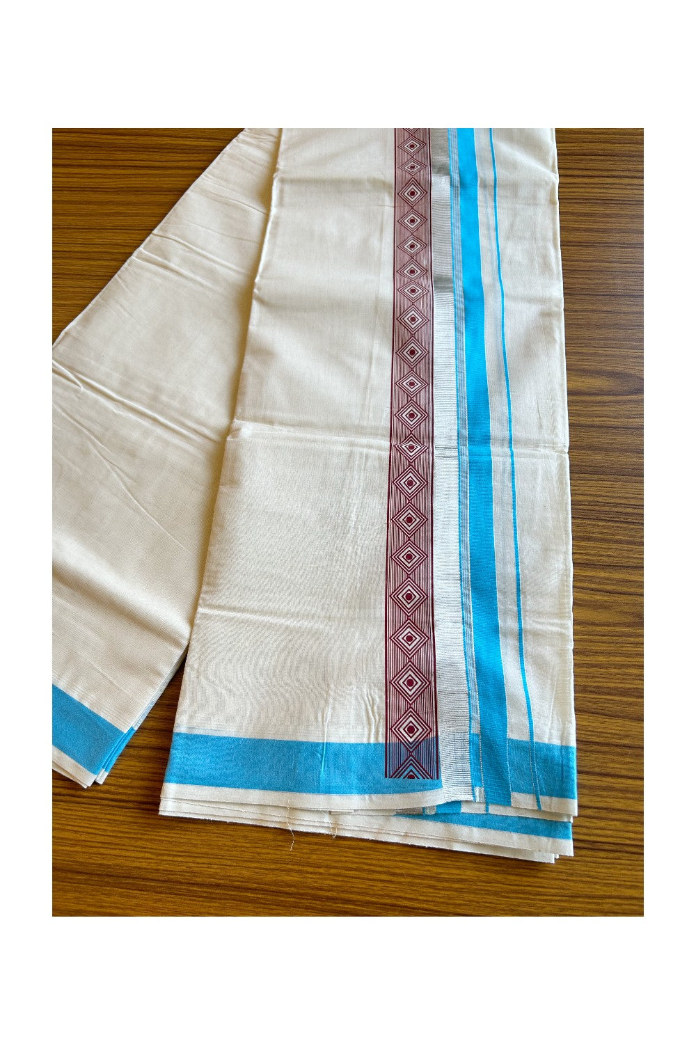 32% Discount !! KaithariKada Balaramapuram 100% Cotton Double Off white Mundu/Dhoti-80x72- 3.5 Inch Silver & Blue Brown pattern printed kara - 35KK470VIN