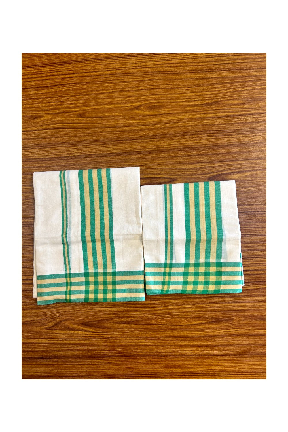 15% Discount!! KaithariKada - Kerala Cotton Single Set Mundu - EXTRA LENGTH -Green & Flax Yellow Stripes Mulloth Kara- 35KK472CKA