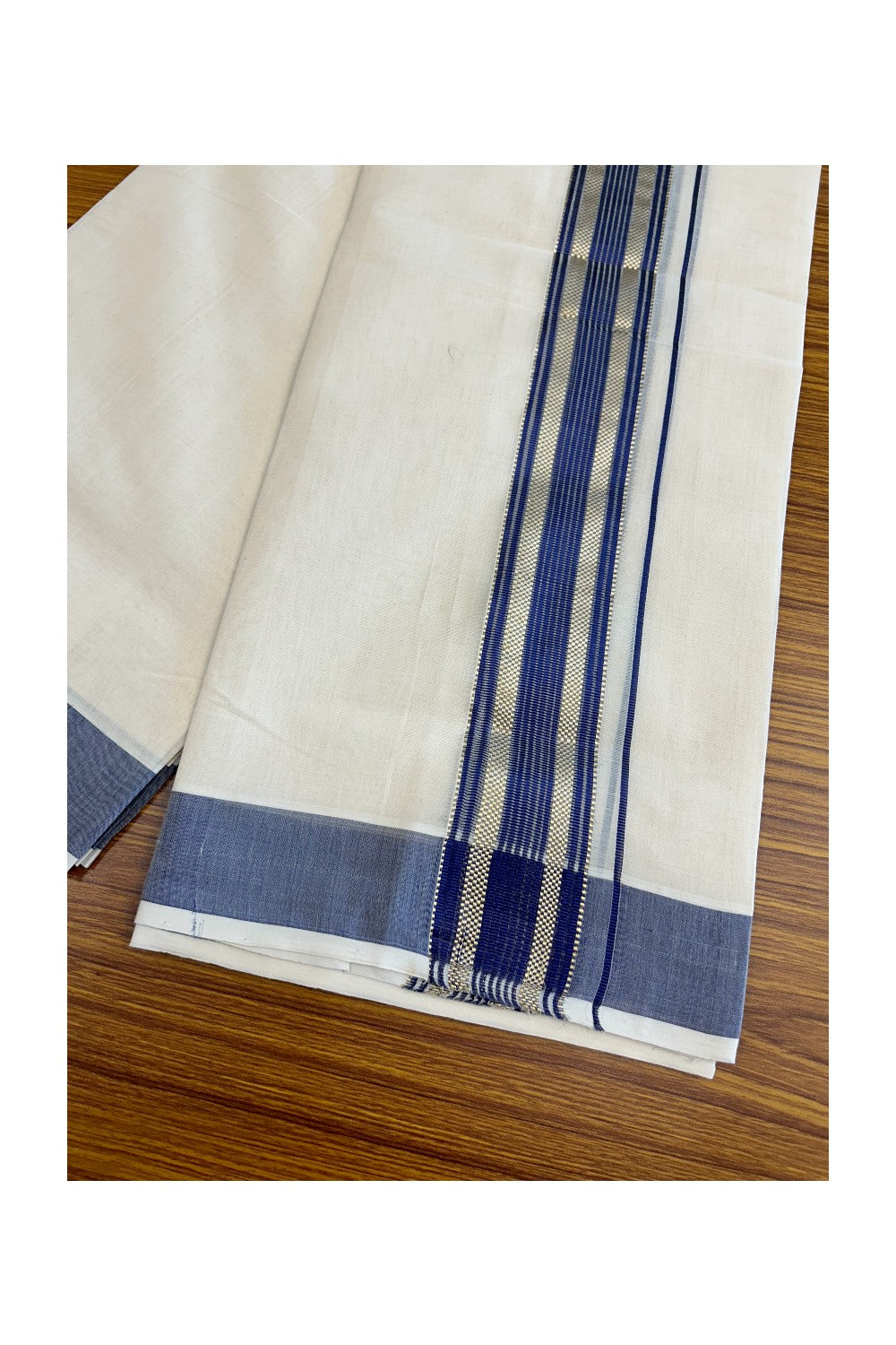 8% DISCOUNT!! KaithariKada HANDLOOM millpaav Balaramapuram - 100% PURE Cotton OFF White Double Mundu/Dothi - 2.75 inch Dark Blue & Gold Kasavu Striped kara - 35KK5029RAM