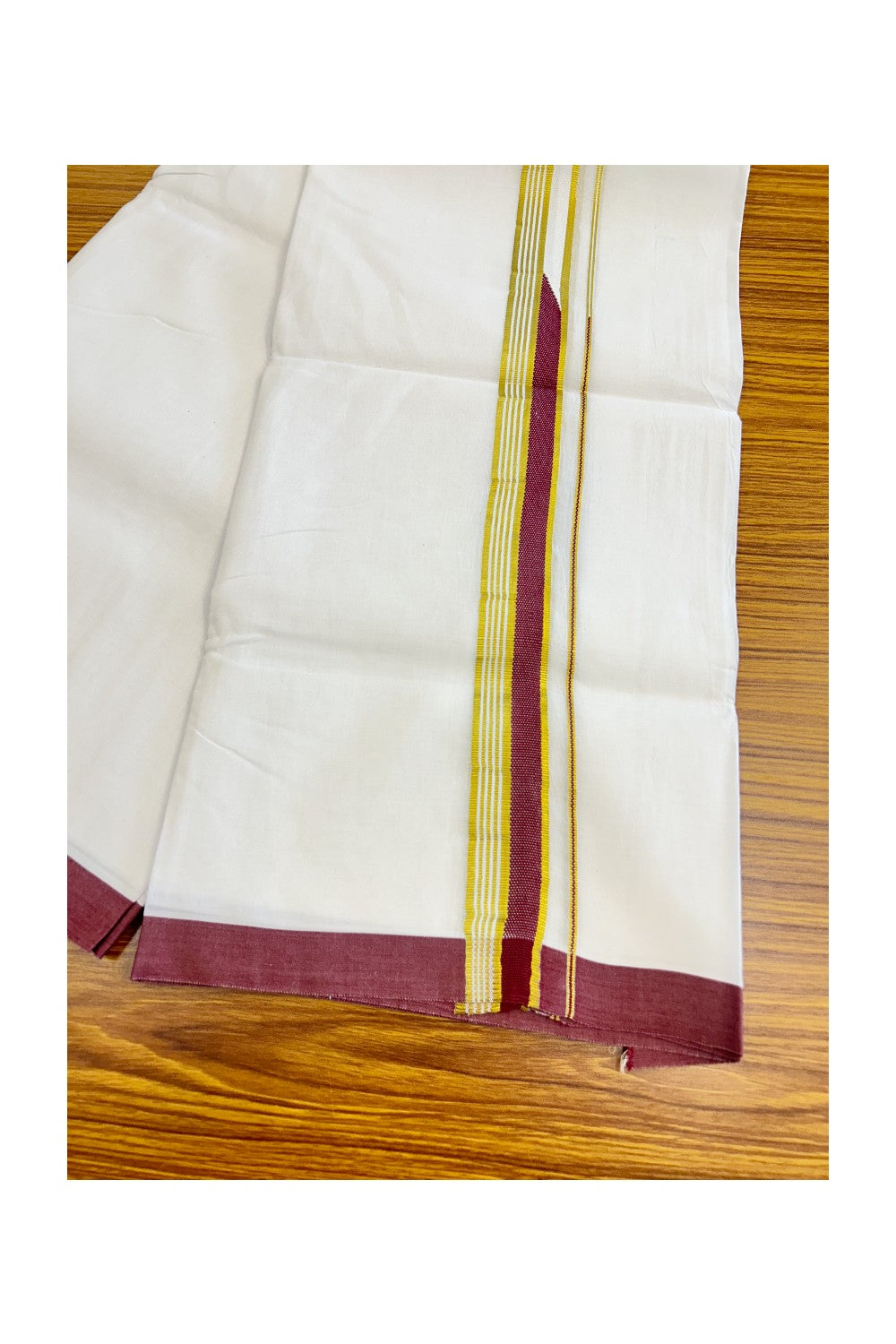 15% Discount !!KaithariKada Balaramapuram 100% Cotton PURE White Double Mundu/Dhoti - 100x100 - 1.75 inch Heavy Chutty Kasavu & Maroon kara - 35KK5043ASH