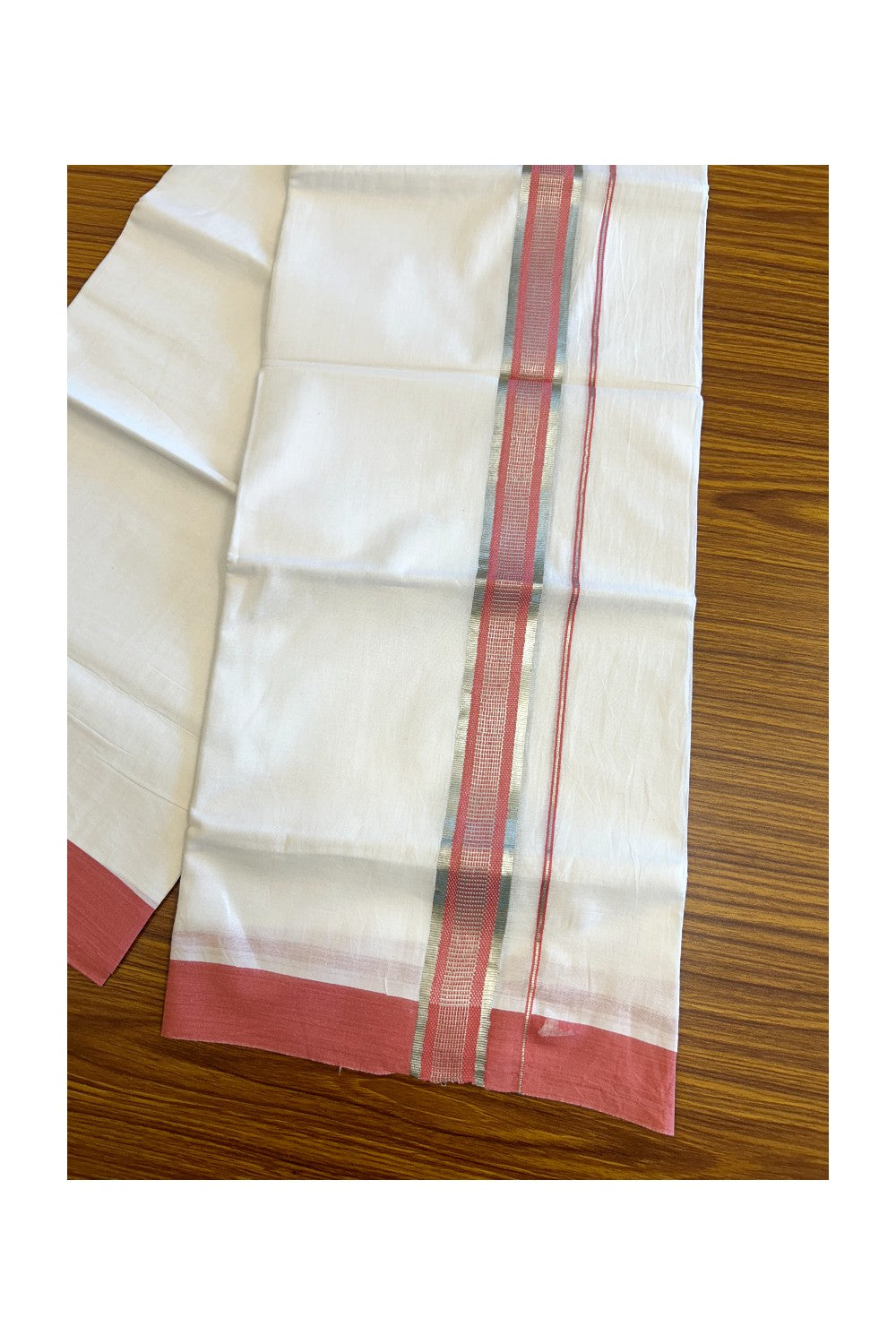 24% DISCOUNT!! Kaitharikada Balaramapuram 100% Cotton Ultra WHITE Double Mundu/Dothi-100x80 - 2 Inch Pink & Silver Striped Cotton Kara - 35KK5067KK