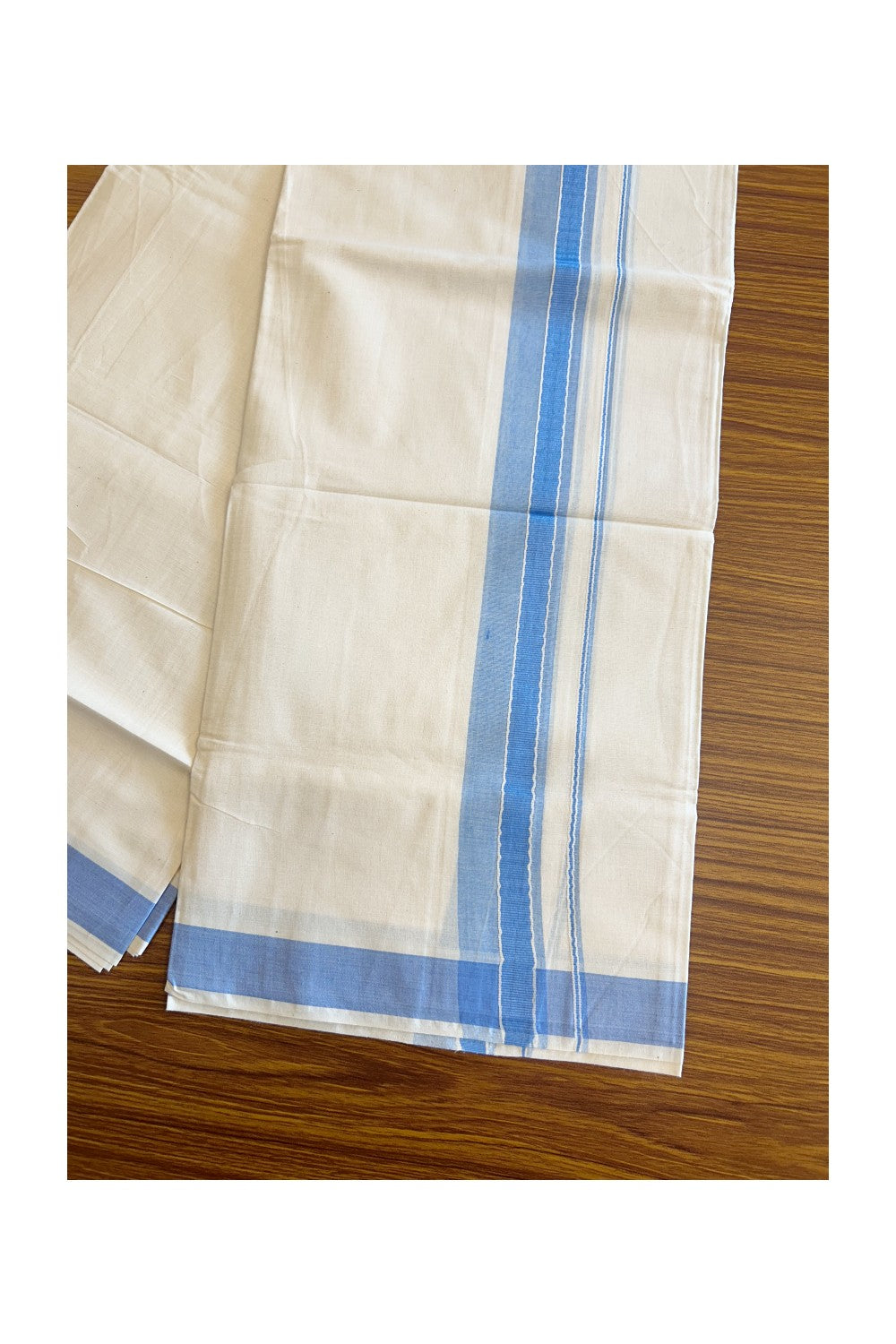 21% DISCOUNT ! KaithariKada Balaramapuram 100% Cotton Double Off white (Unbleached) Mundu/Dhoti-100X100- 2.25 inch SKY BLUE & WHITE KARA Kara-1KK76MC .