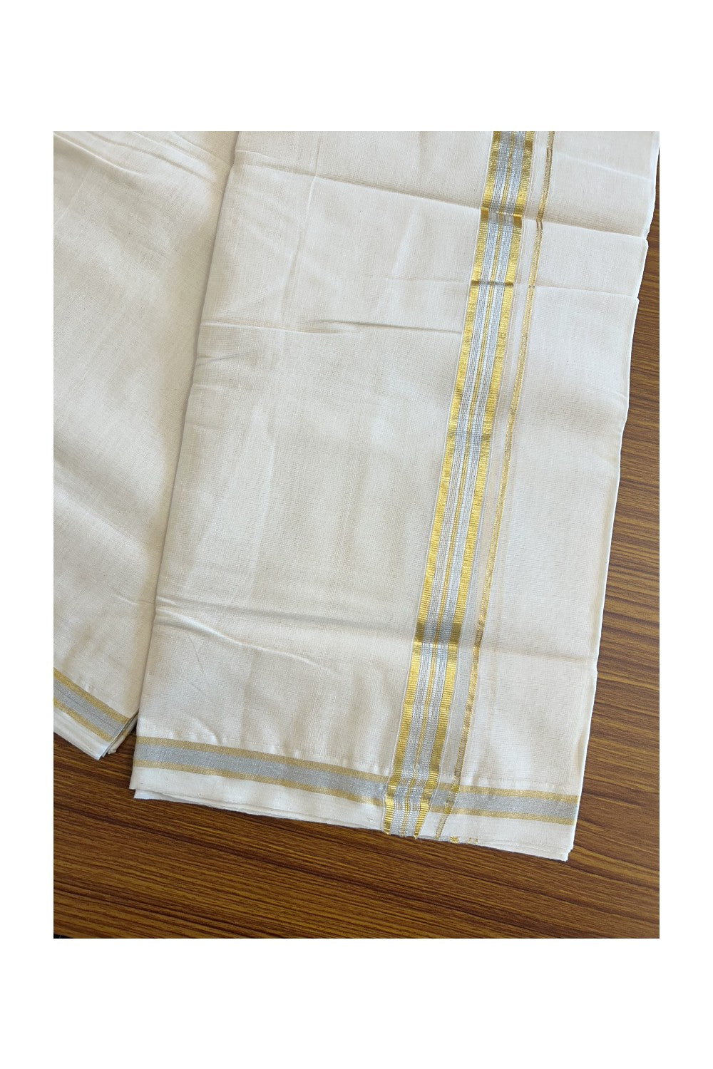 17% DISCOUNT ! KaithariKada HANDLOOM Millpaav Balaramapuram - 100% PURE Cotton Off White (Unbleached) Double Mundu/Dhoti - Gold Kasavu & Silver Design Kara - 48KK203RAM