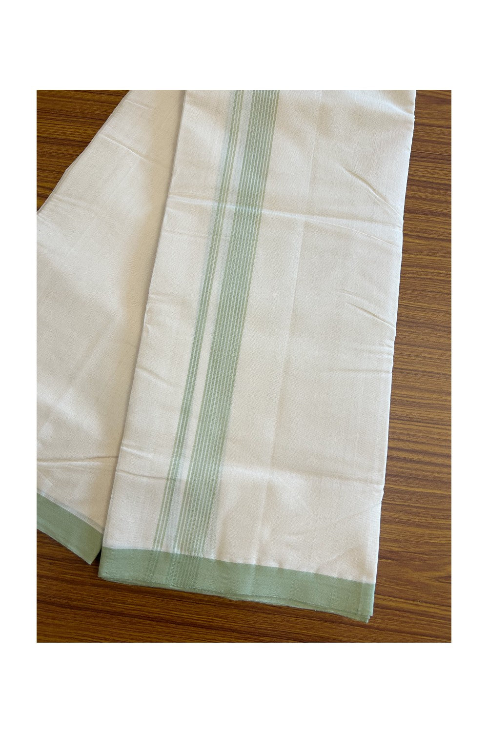 30% Discount!!! KaithariKada HANDLOOM Millpaav Balaramapuram - 100% PURE Cotton off white (Unbleached) Double Mundu/Dhoti - 2 inch Pista Green striped kara - 35KK5105RAM