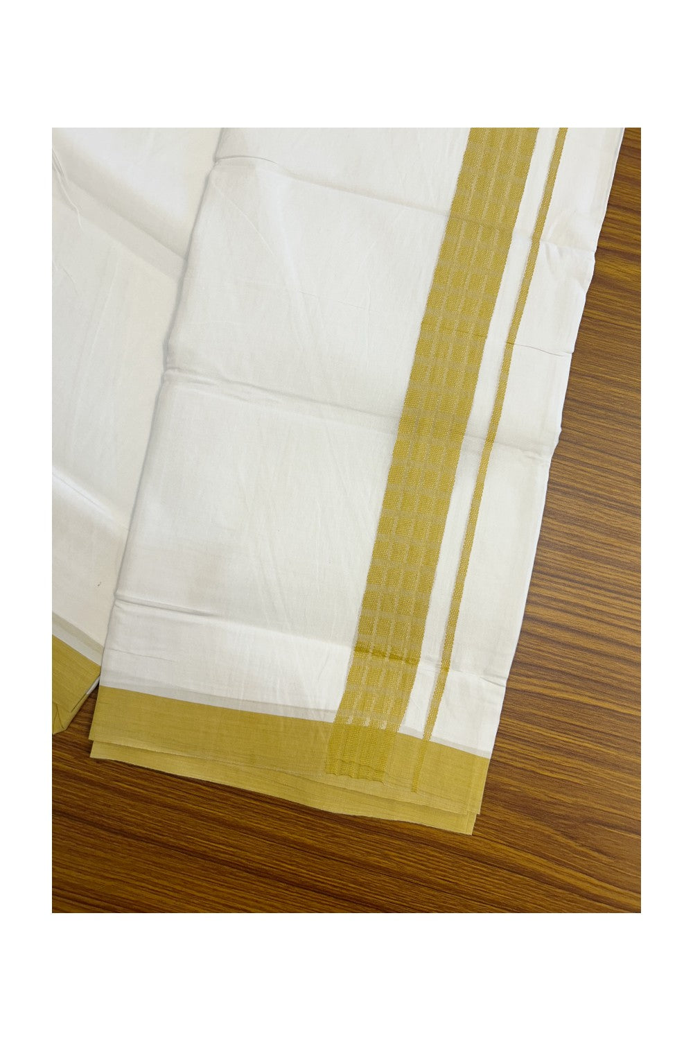 20% DISCOUNT! KaithariKada Balaramapuram Double PURE WHITE 100% Cotton Mundu/Dhoti - 100x80 - 1.5 inch Jacquard Mustard Yellow Check Kara - 35KK5139THI