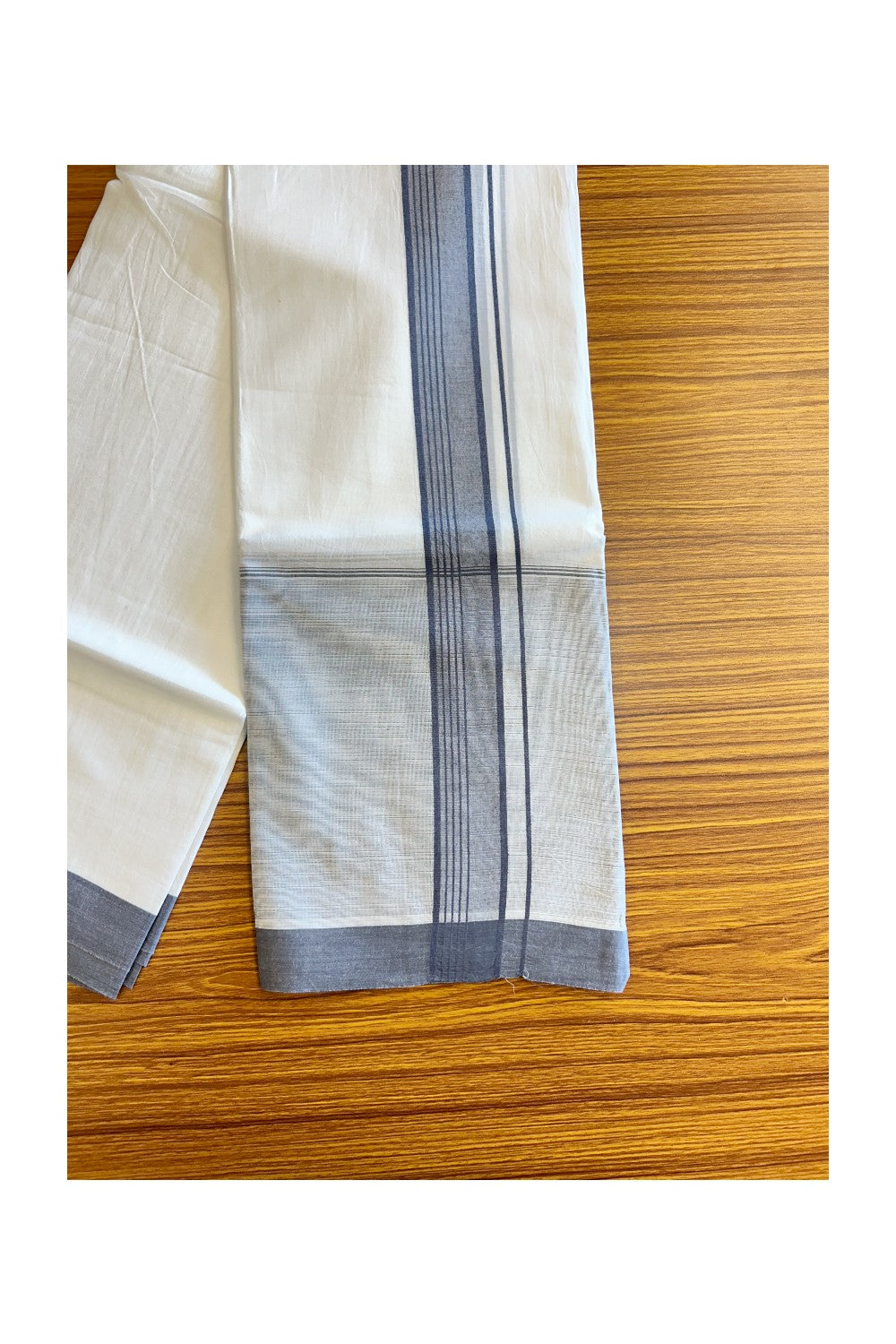 15% DISCOUNT!! Kaitharikada Balaramapuram 100% Cotton Ultra WHITE Double Mundu/Dothi-100x100  2.25 Inch GRAY SHADED Cotton Kara - 35KK74RAM