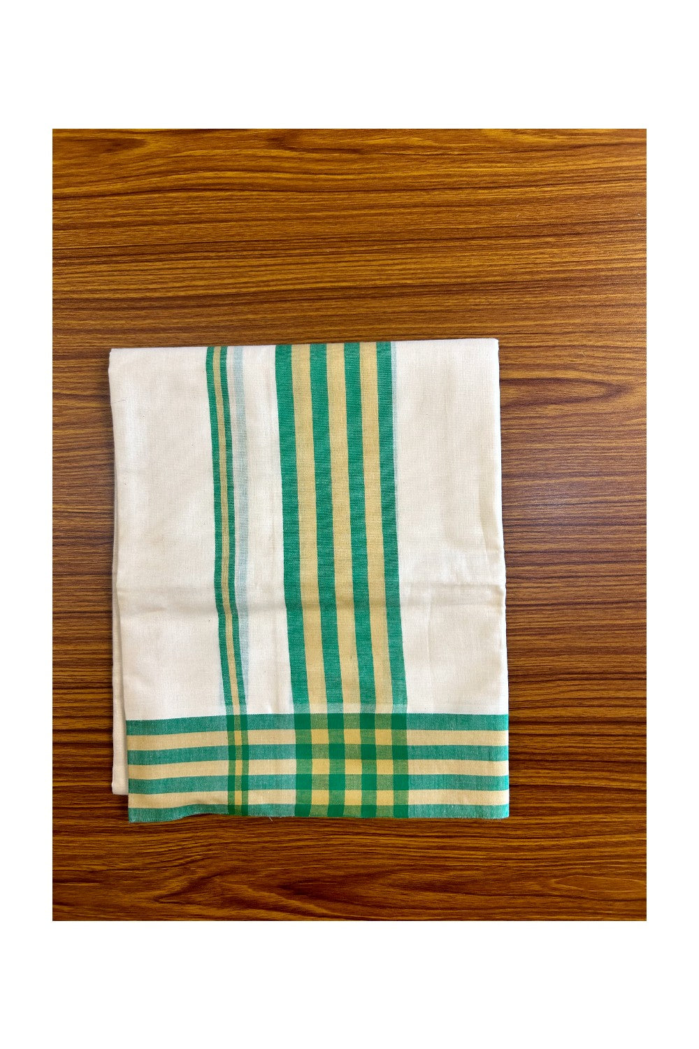 15% Discount!! KaithariKada - Kerala Cotton Single Set Mundu - EXTRA LENGTH -Green & Flax Yellow Stripes Mulloth Kara- 35KK472CKA