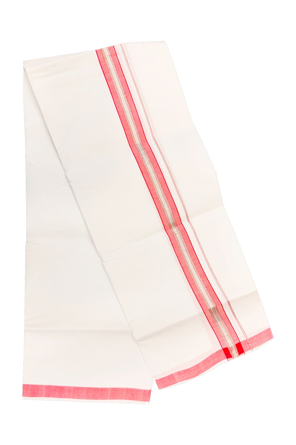 20% OFFER! KaithariKada 100% Cotton Balaramapuram HANDLOOM Single  PURE WHITE Mundu/Dhoti - 2 inch Pinkish Red  Silver  Kasavu Kara &  Stripes Design - 36KAI.