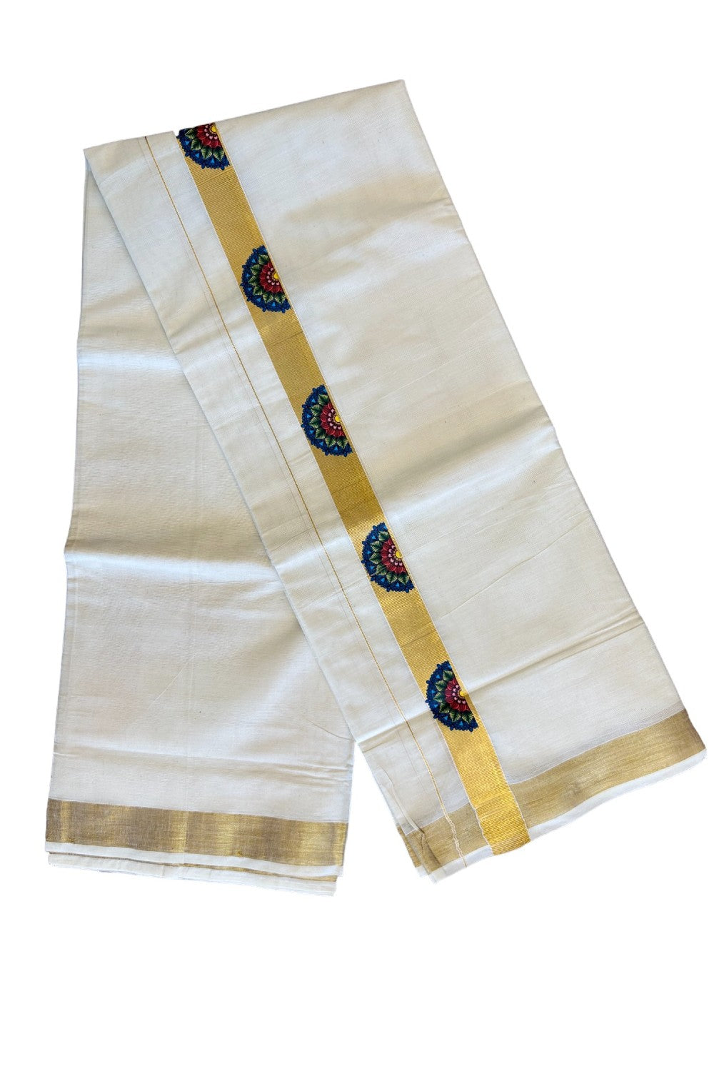 20% Discount !! KaithariKada Balaramapuram 100% Cotton Double Off white Mundu/Dhoti-80x72 - 2.5inch Hand Painted Flower & Kasavu Design - 36KK207PMC