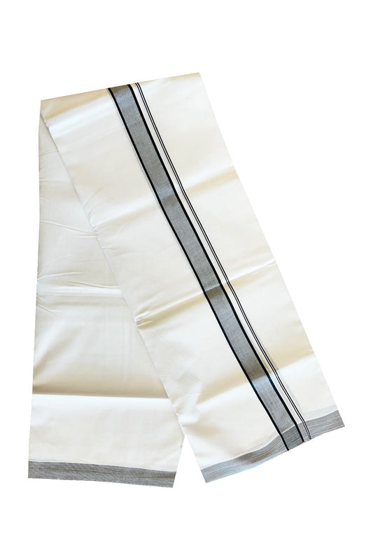 17% DISCOUNT!! KaithariKada Balaramapuram 100% Cotton PURE WHITE Double Mundu/Dhoti-100x100  1.75inch BLACK STRIPED  KARA.