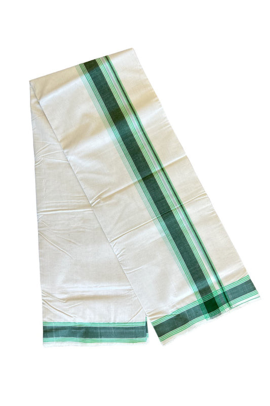 15% Discount!!! KaithariKada HANDLOOM Millpaav Balaramapuram - 100% PURE Cotton off white (Unbleached) Double Mundu/Dhoti - Dark green & Lime green stripes kara - 36KK458SOM