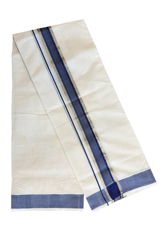 8% DISCOUNT!! KaithariKada HANDLOOM millpaav Balaramapuram - 100% PURE Cotton OFF White Double Mundu/Dothi - 2.75 inch  Navy Blue & Gold Kasavu Striped kara - 36KK5029RAM